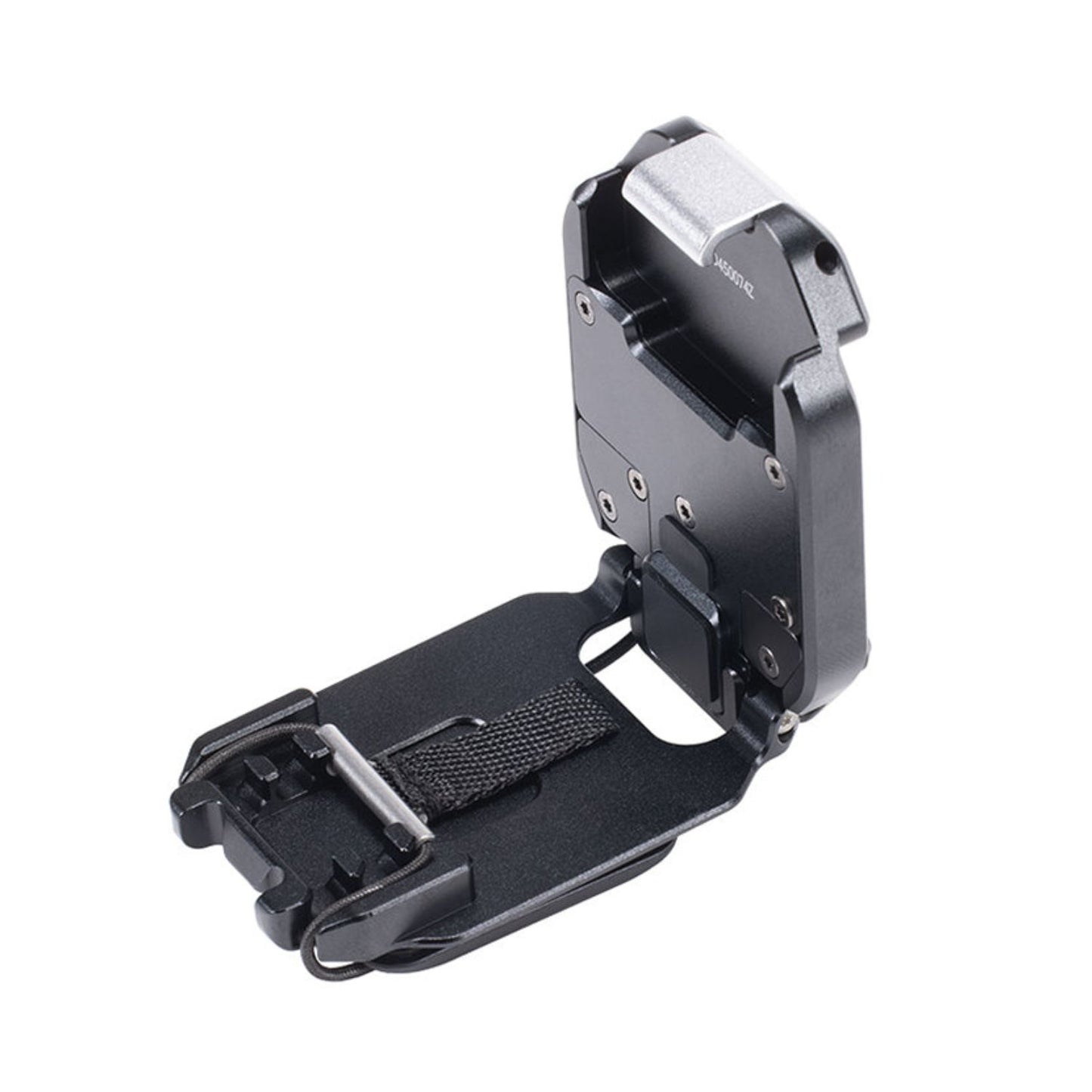 F38 quick release camera strap clip, black metal hinge and strap attachment bracket