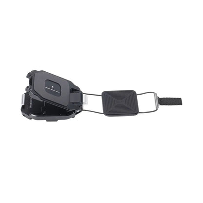 F38 quick release camera strap clip with belt strap, black clip and gray securing pad