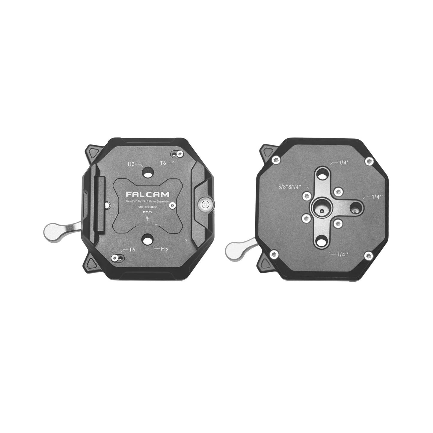 Falcam F50 square quick release plate, front and back views with scale markings