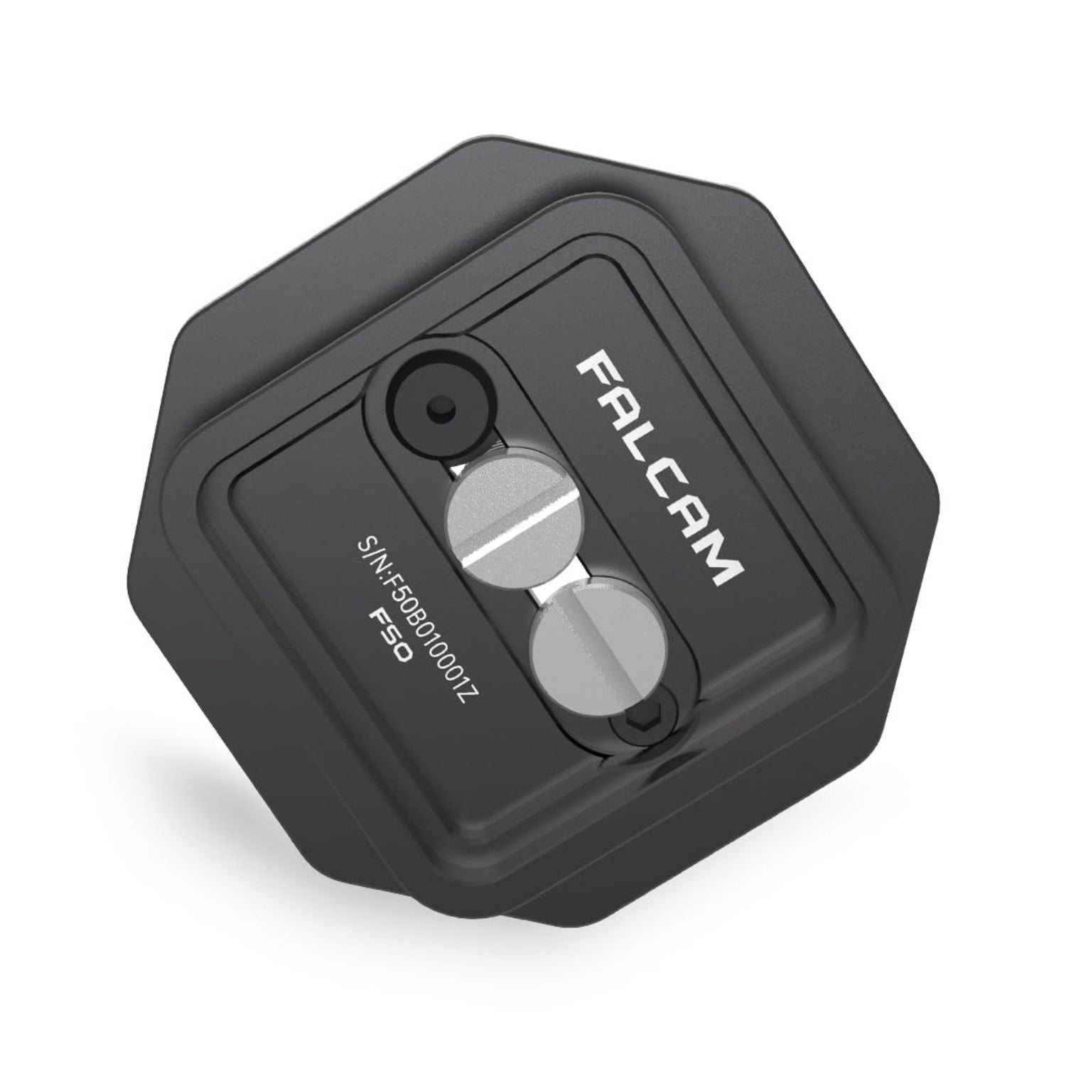 Falcam F50 square quick release plate underside with screws and engraved text