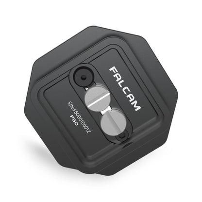 Falcam F50 square quick release plate underside with screws and engraved text