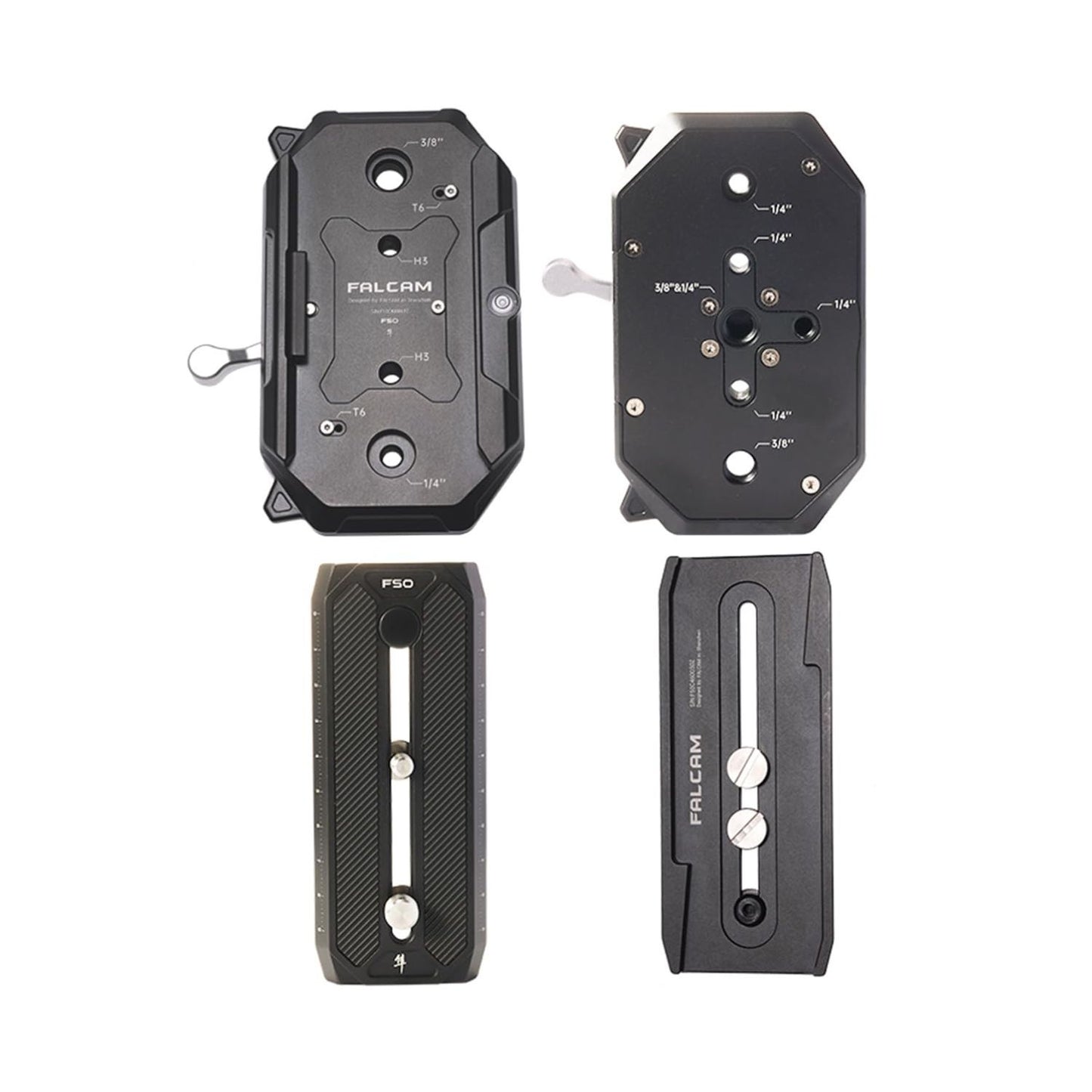 Falcam F50 square quick release plate set showing top, back, and side profiles