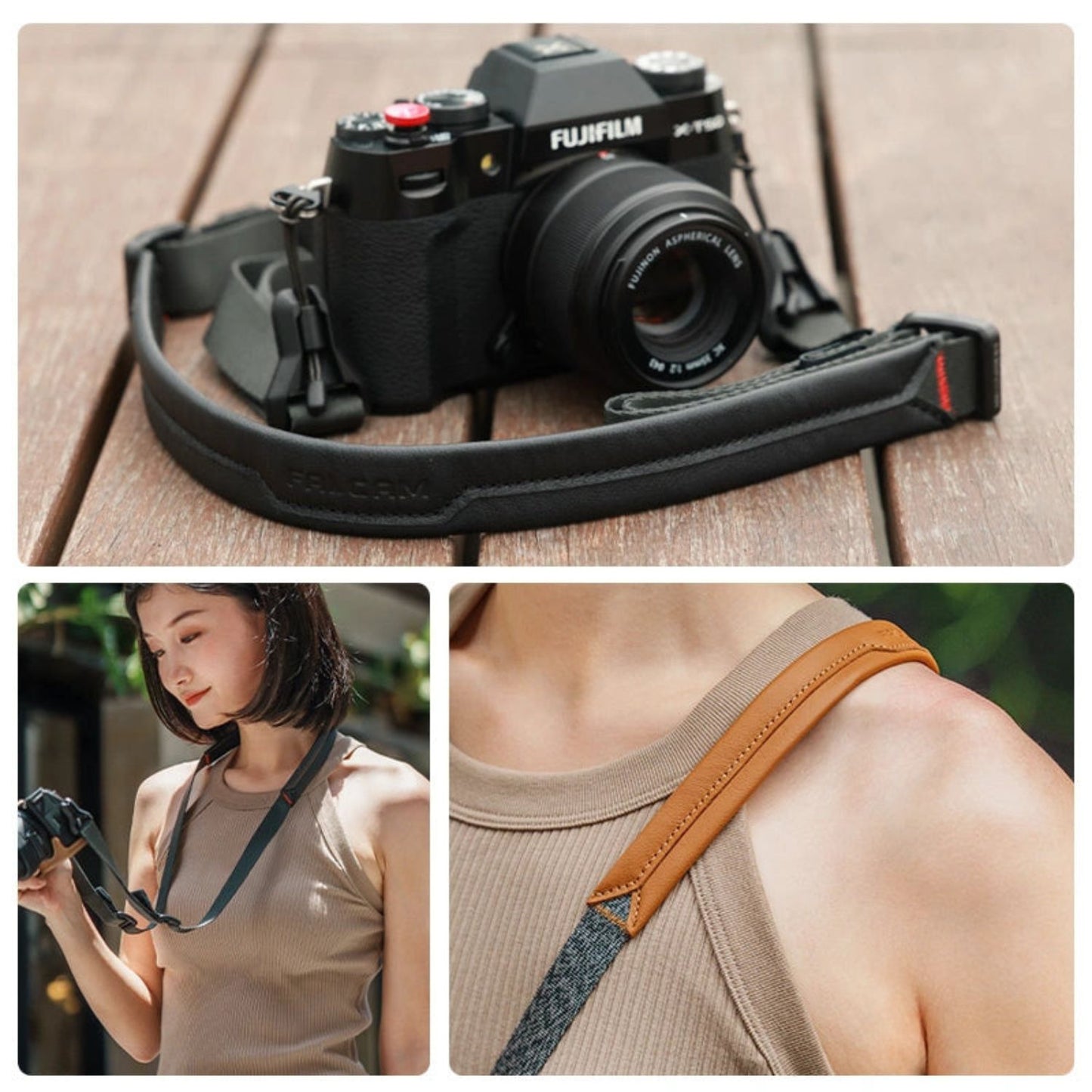 Black shoulder strap with magnetic buckle attached to camera