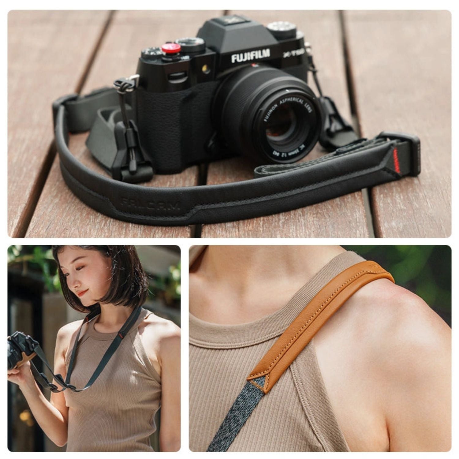 Black shoulder strap with magnetic buckle attached to camera