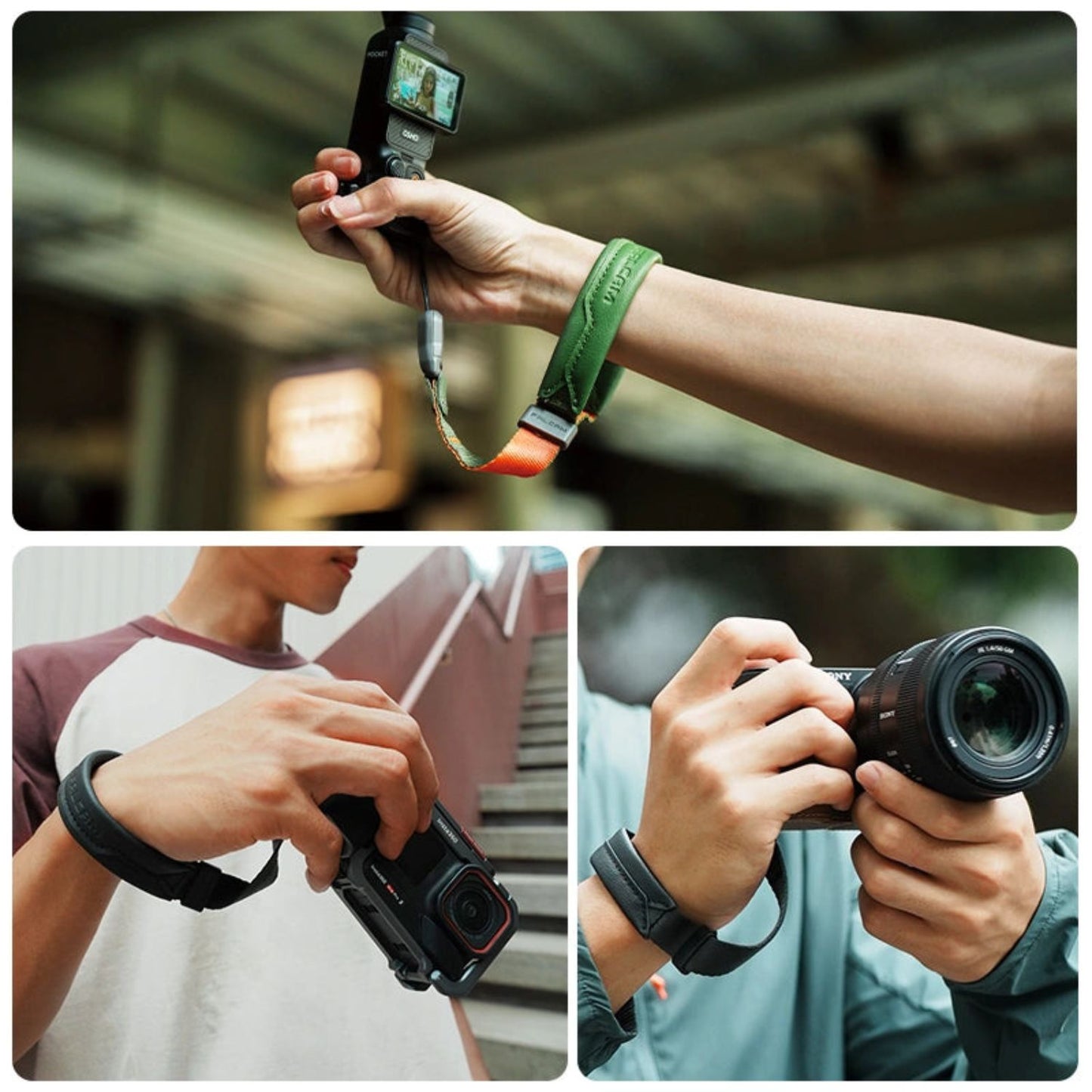 Black wrist strap with magnetic buckle shown securing camera during use