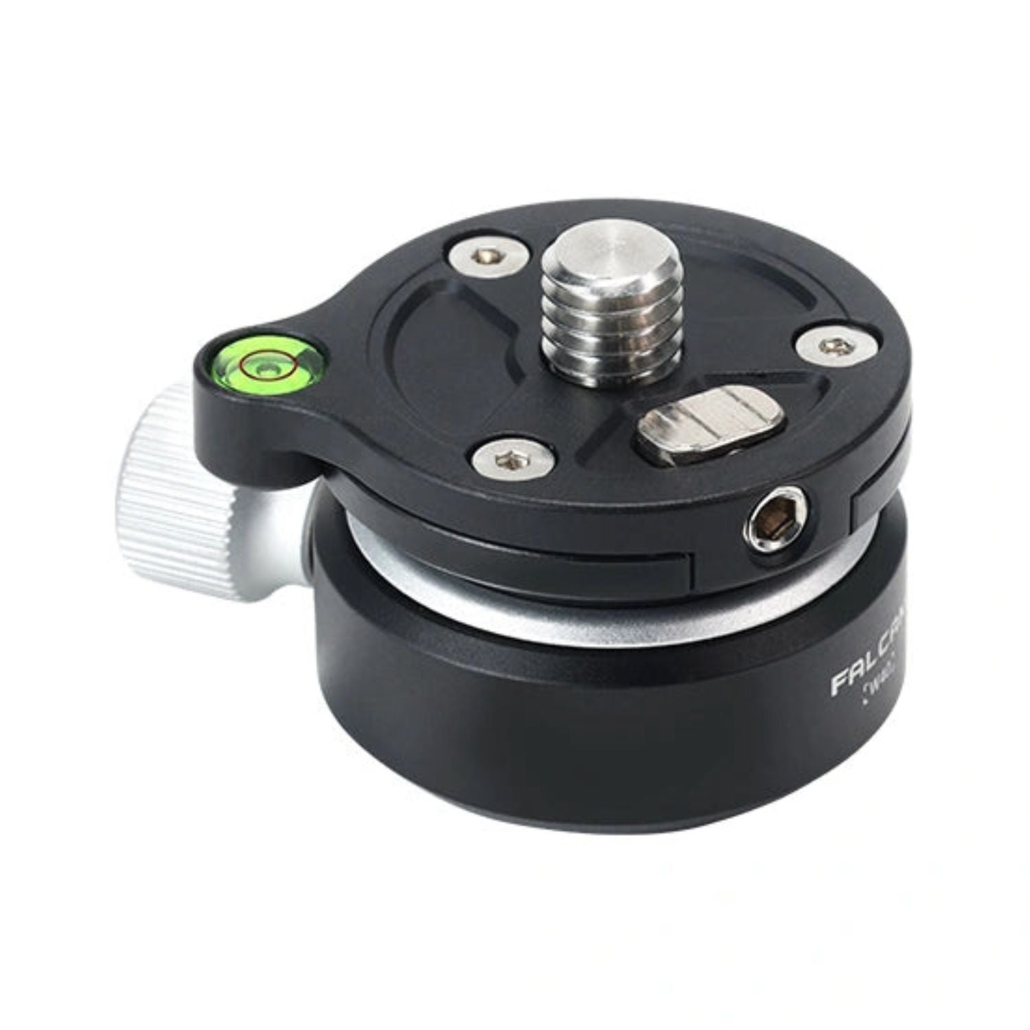 Black ball head with green bubble level and silver threaded mounting stud