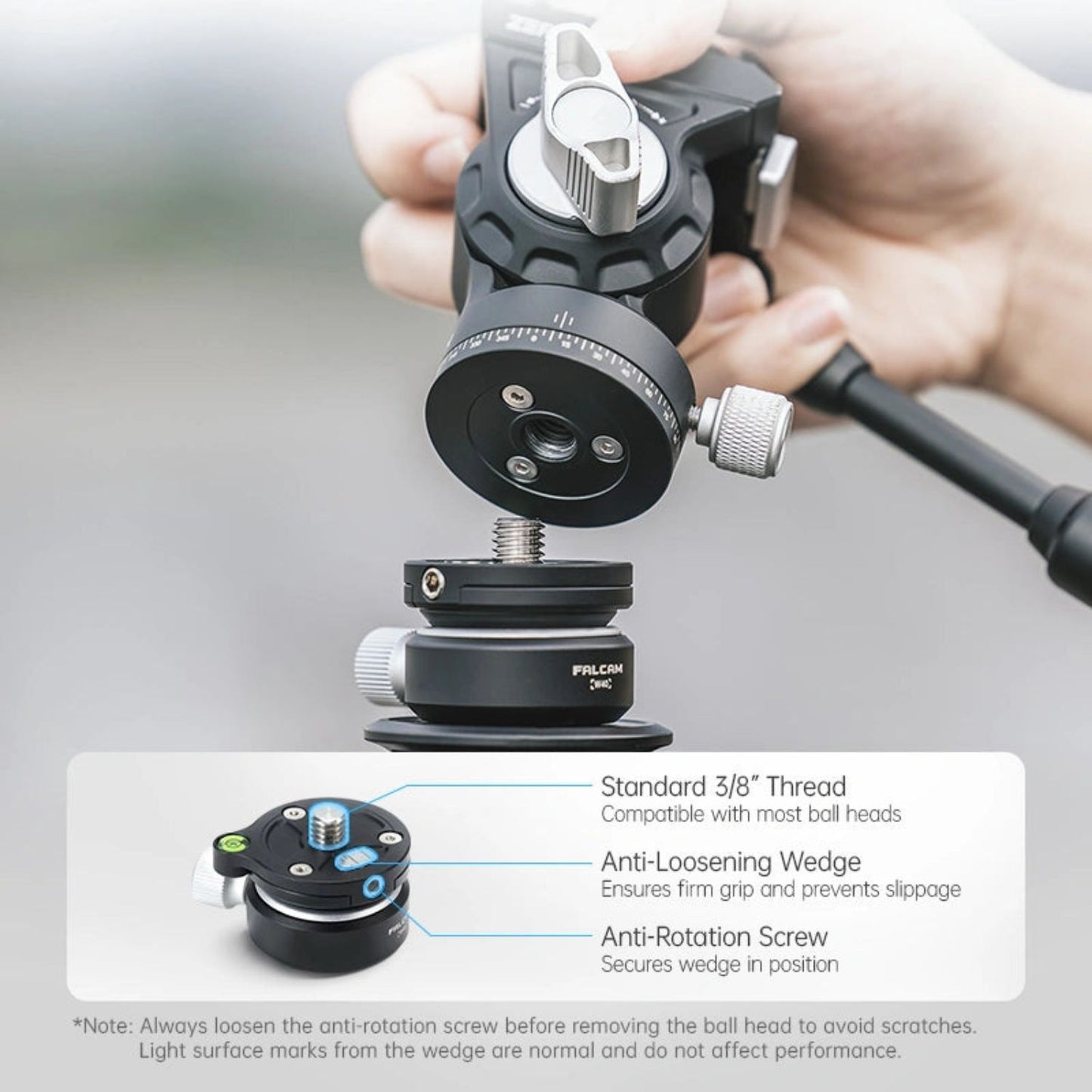 Black ball head with circular base and mounting screw, shown with labeled features