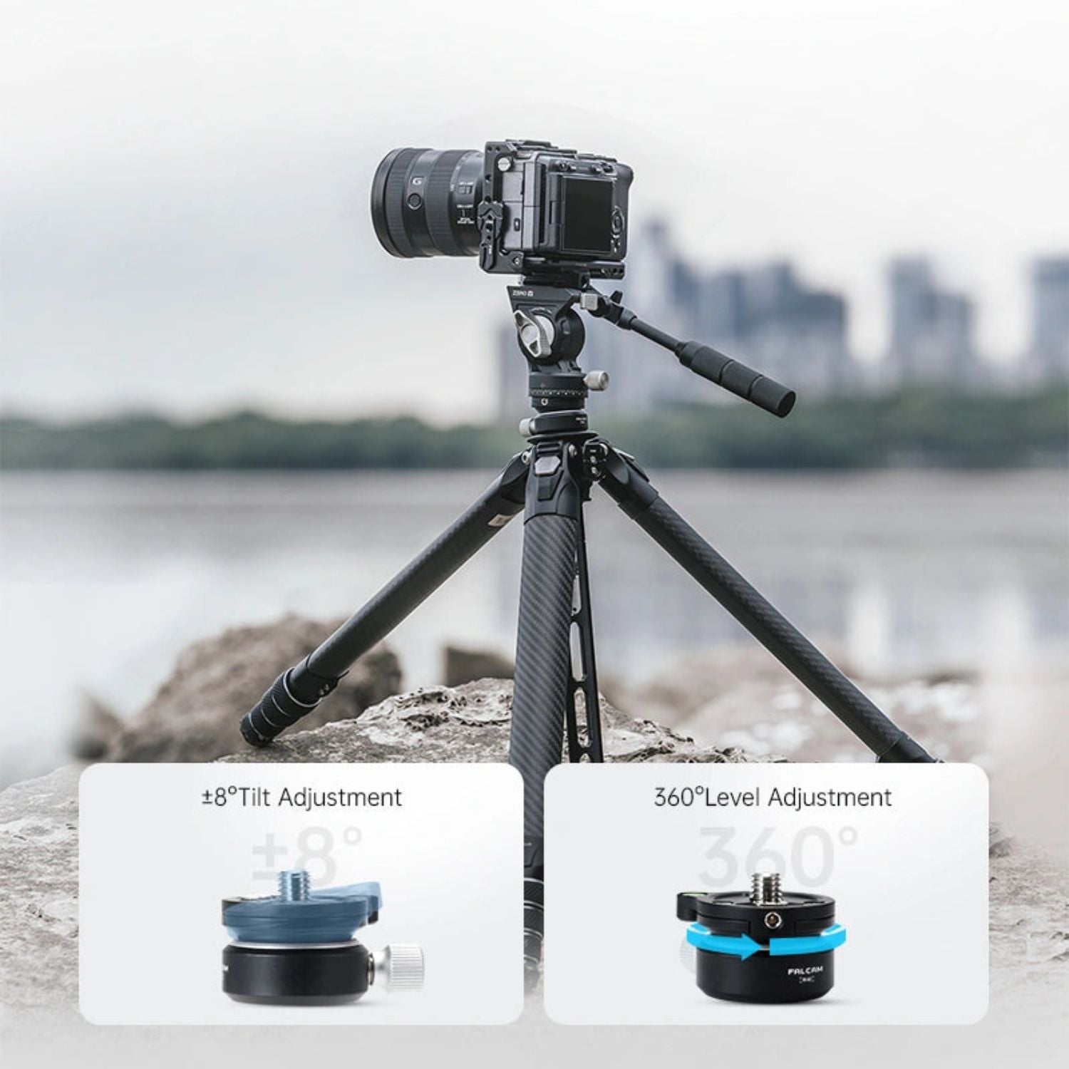 Ball head mounted on a tripod with camera, featuring tilt and level adjustment