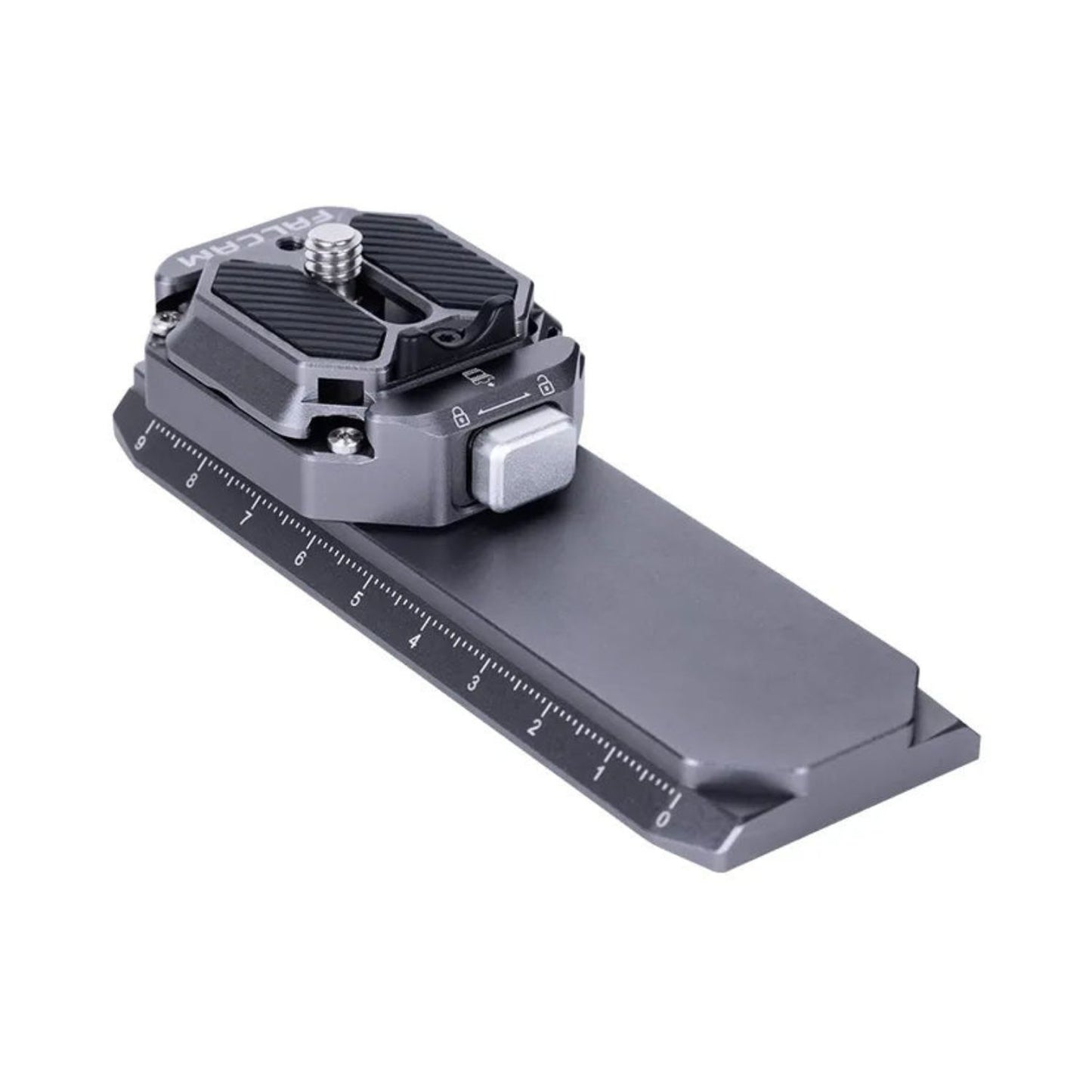 Metal quick-release rail base with measurement scale and mounting plate, dark gray