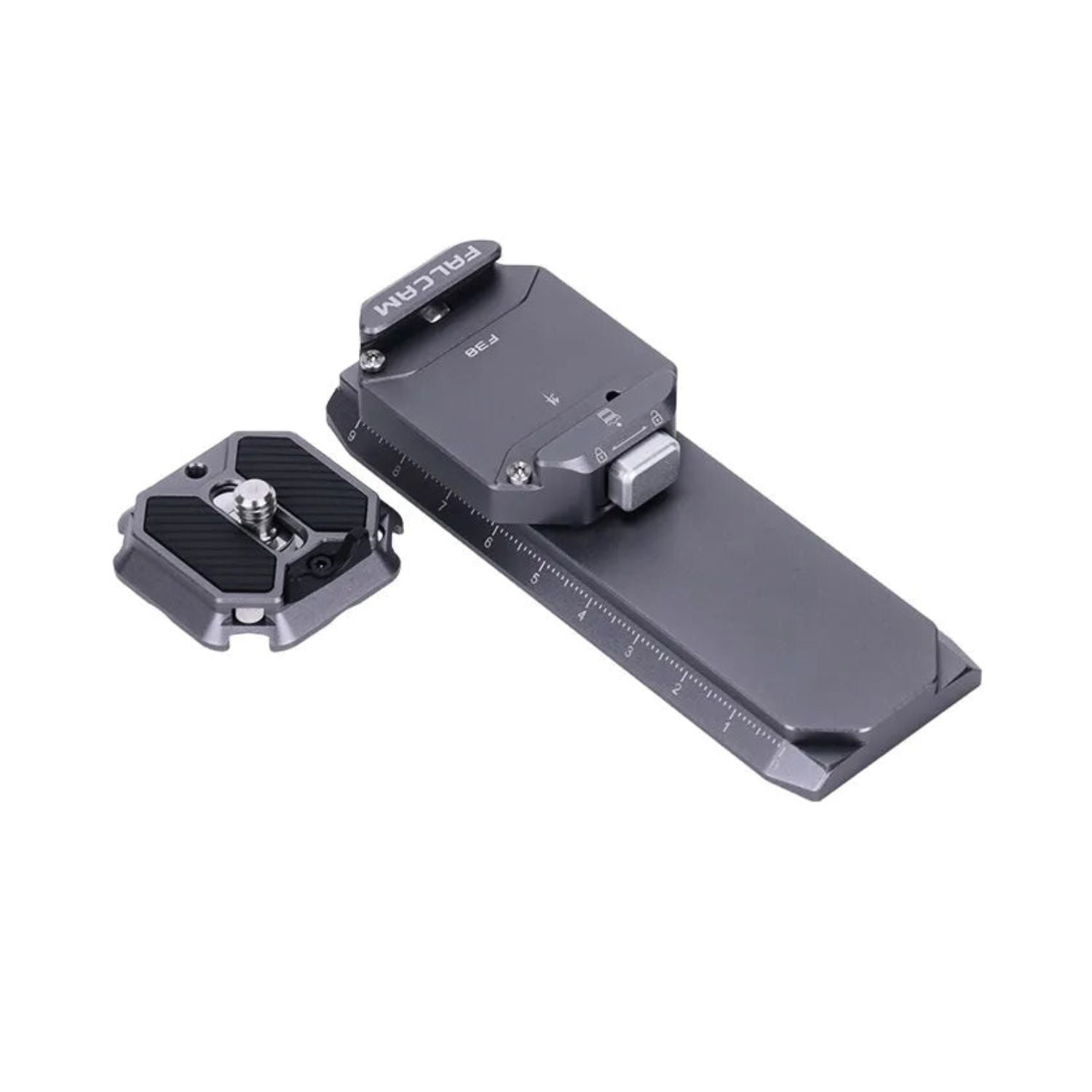 Quick-release rail with clamp and separate mounting plate, dark gray