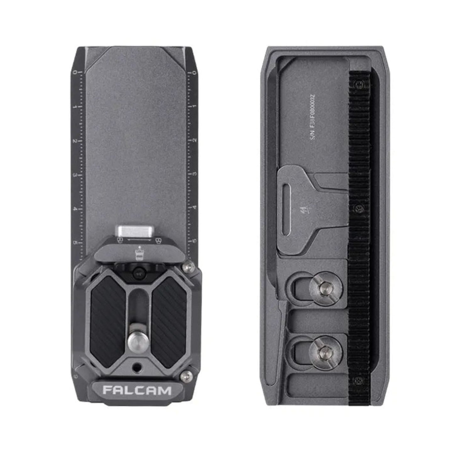 Falcam quick-release plate, front and back views with screws and mounting rails