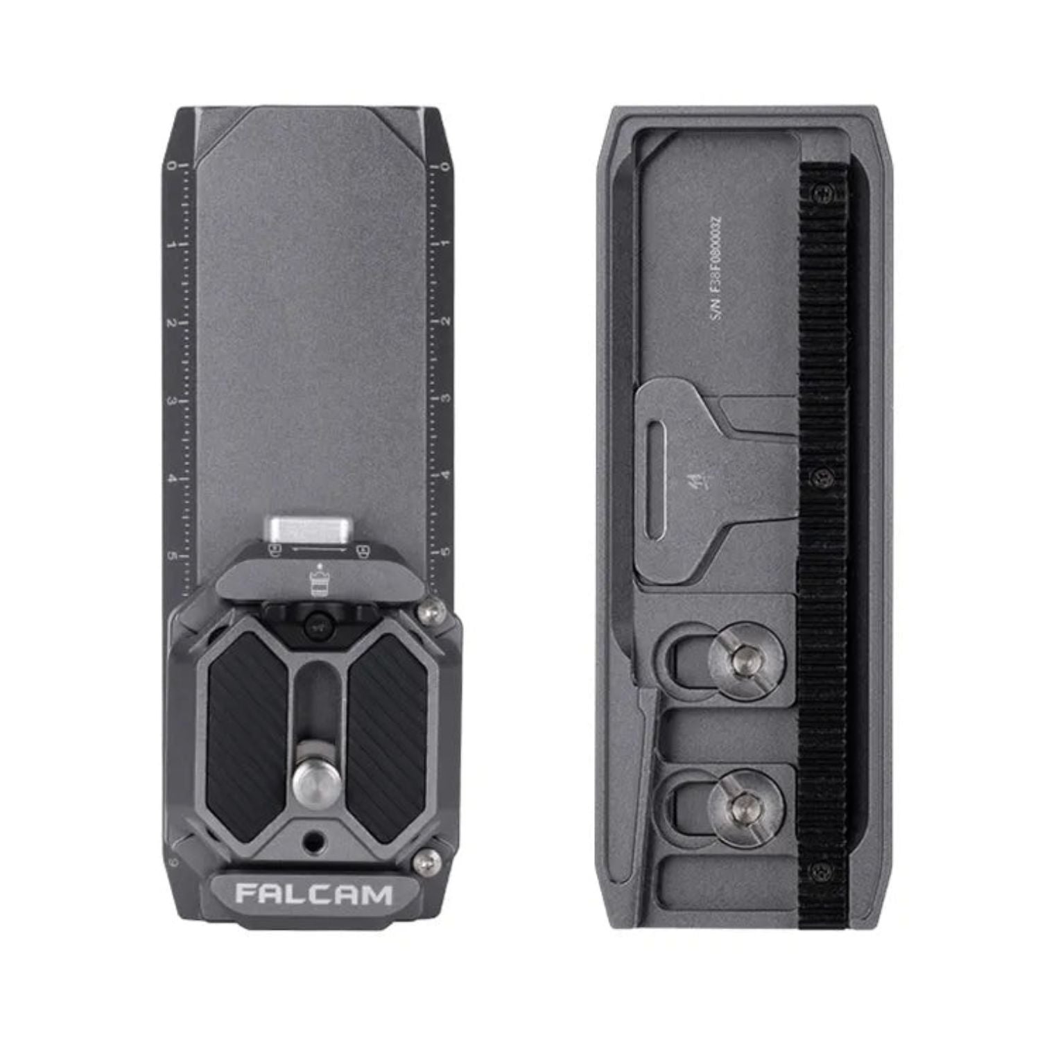 Falcam quick-release plate, front and back views with screws and mounting rails