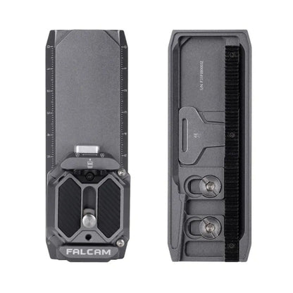 Falcam quick-release plate, front and back views with screws and mounting rails