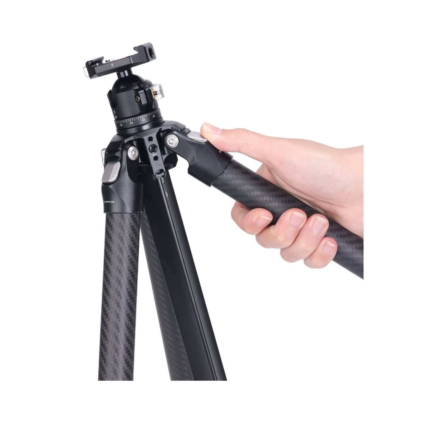 Tripod head with hand adjusting a carbon-fiber leg section