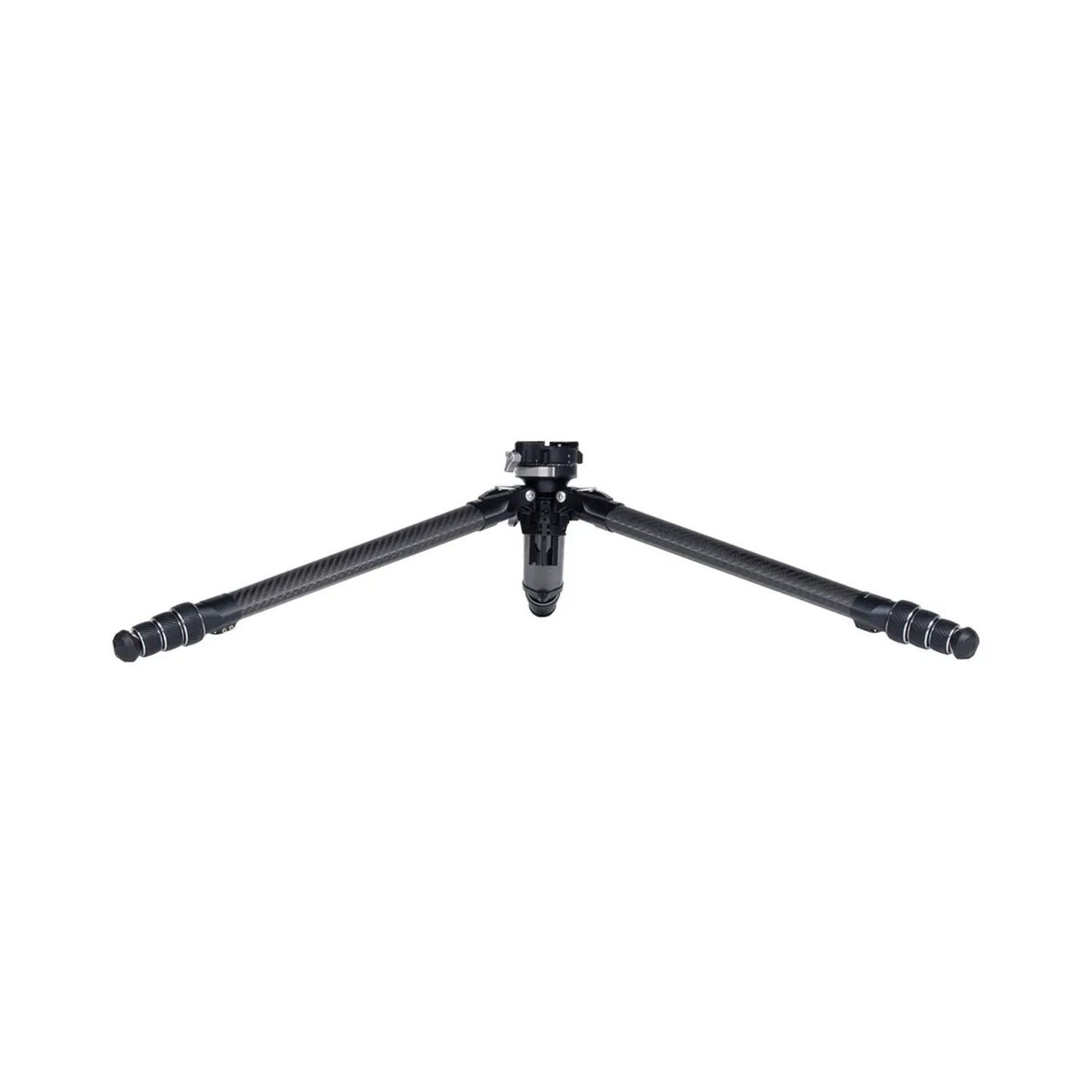 Compact tripod with three extended legs and mounting head, black carbon fiber