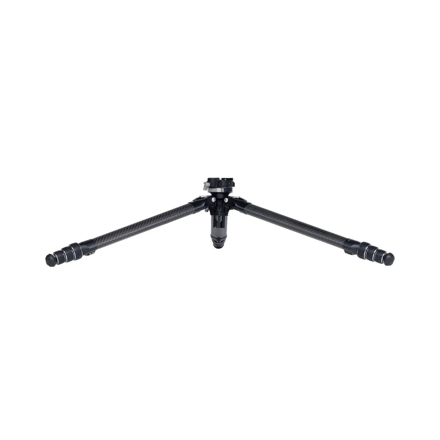 Compact tripod with three extended legs and mounting head, black carbon fiber