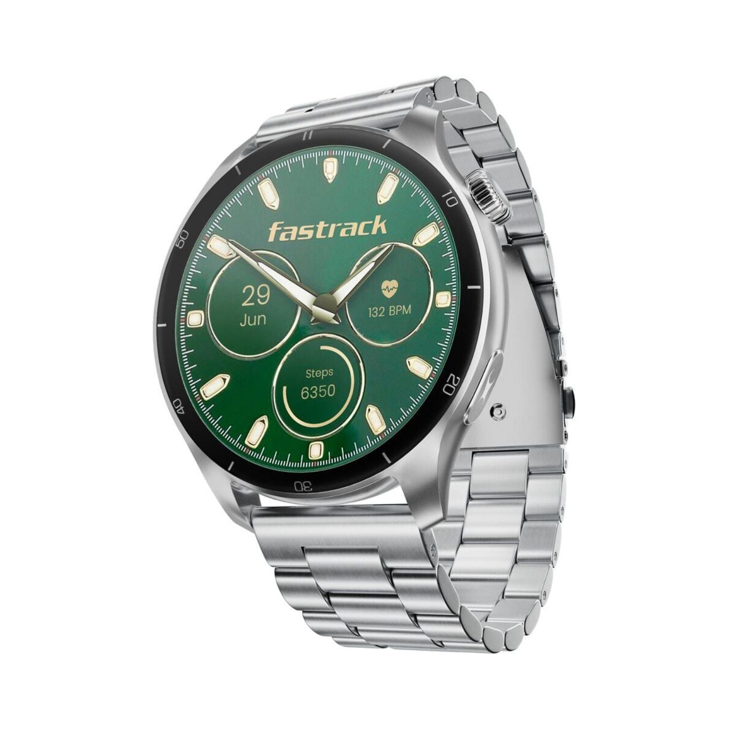 Silver Fastrack smartwatch with round case, green AMOLED display, metal link band.