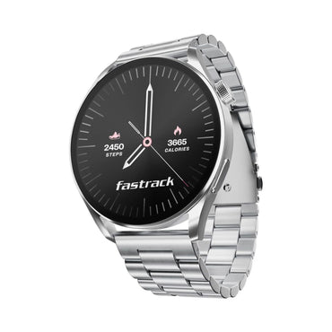Round smartwatch with black dial and silver metal link bracelet; steps and calories shown