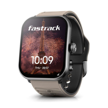 Grey AMOLED smartwatch with round display and light grey silicone strap