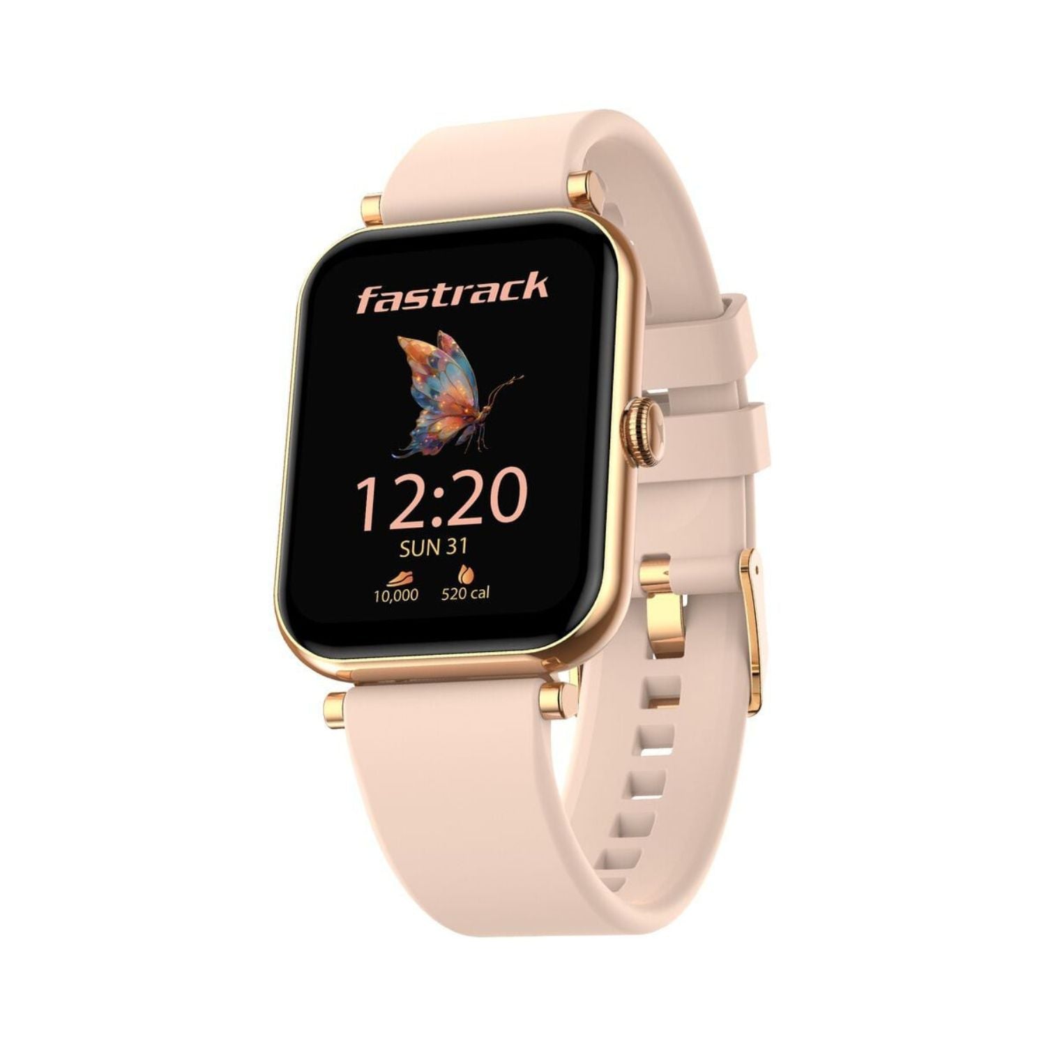 Women’s smartwatch with AMOLED display, light pink silicone strap, square case.