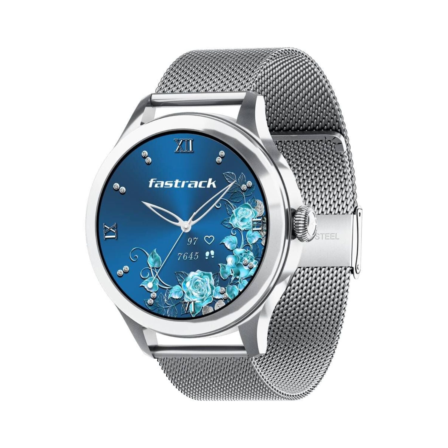 Silver Fastrack smartwatch with blue floral display and silver metal mesh strap