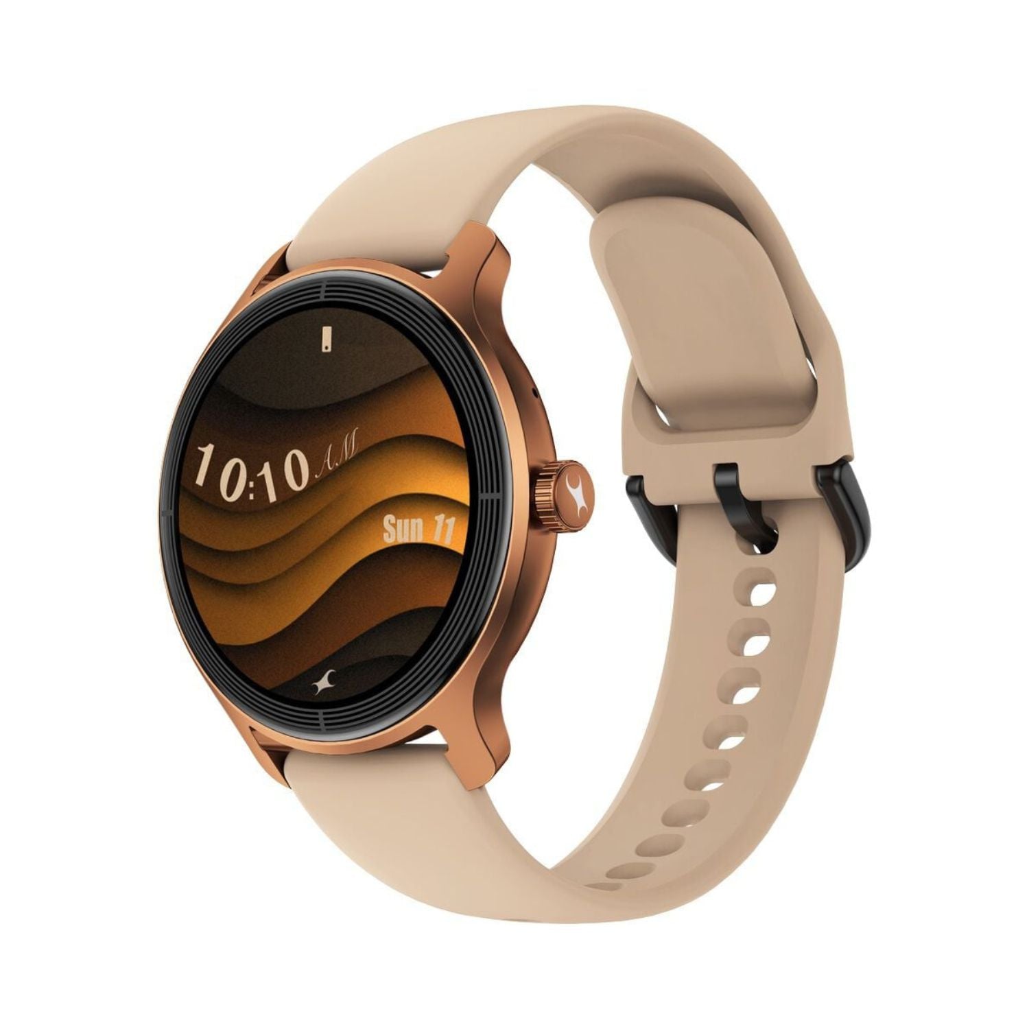 Rosegold sleek smartwatch with round AMOLED display and light beige silicone strap