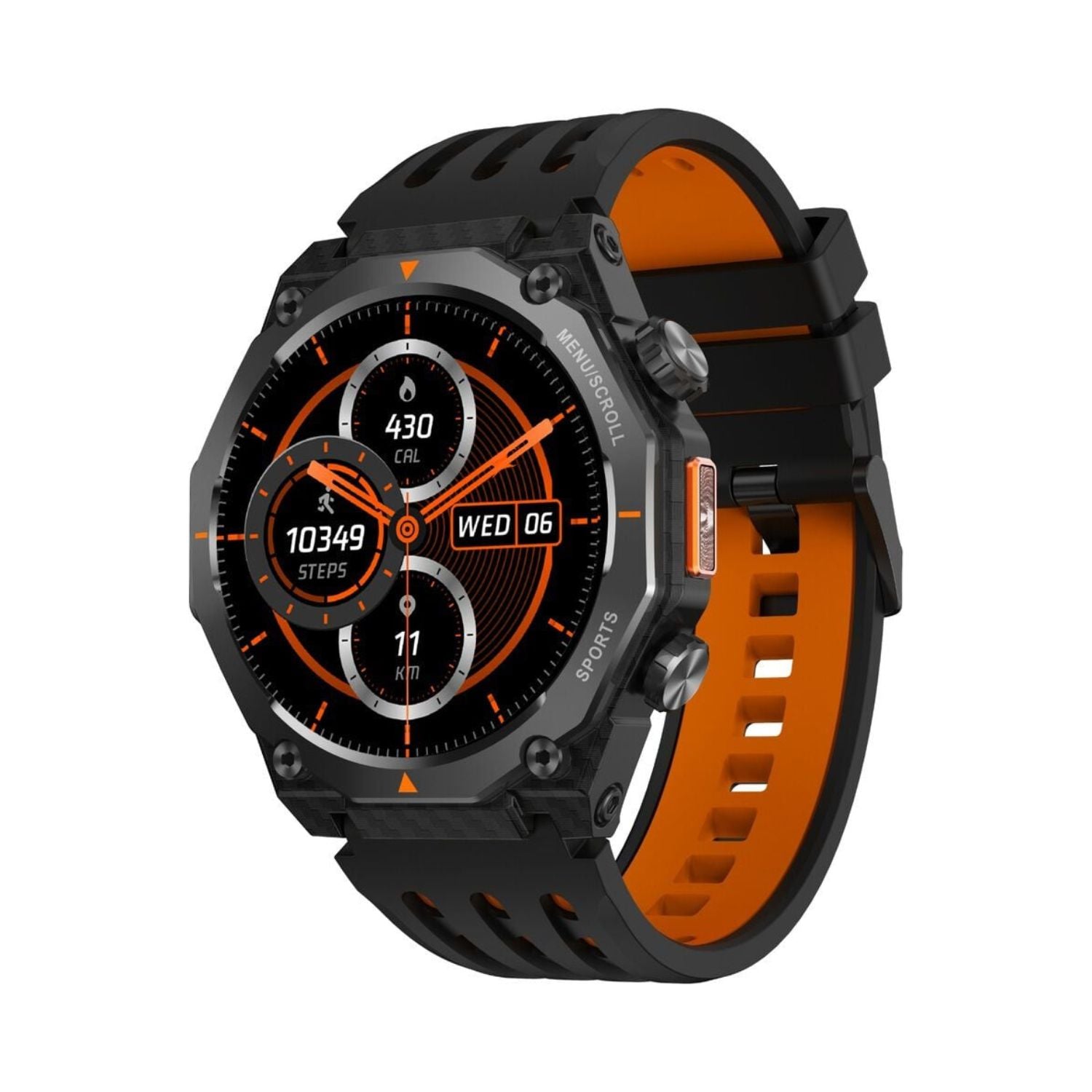 Rugged black smartwatch with orange sport band, round display showing steps and date