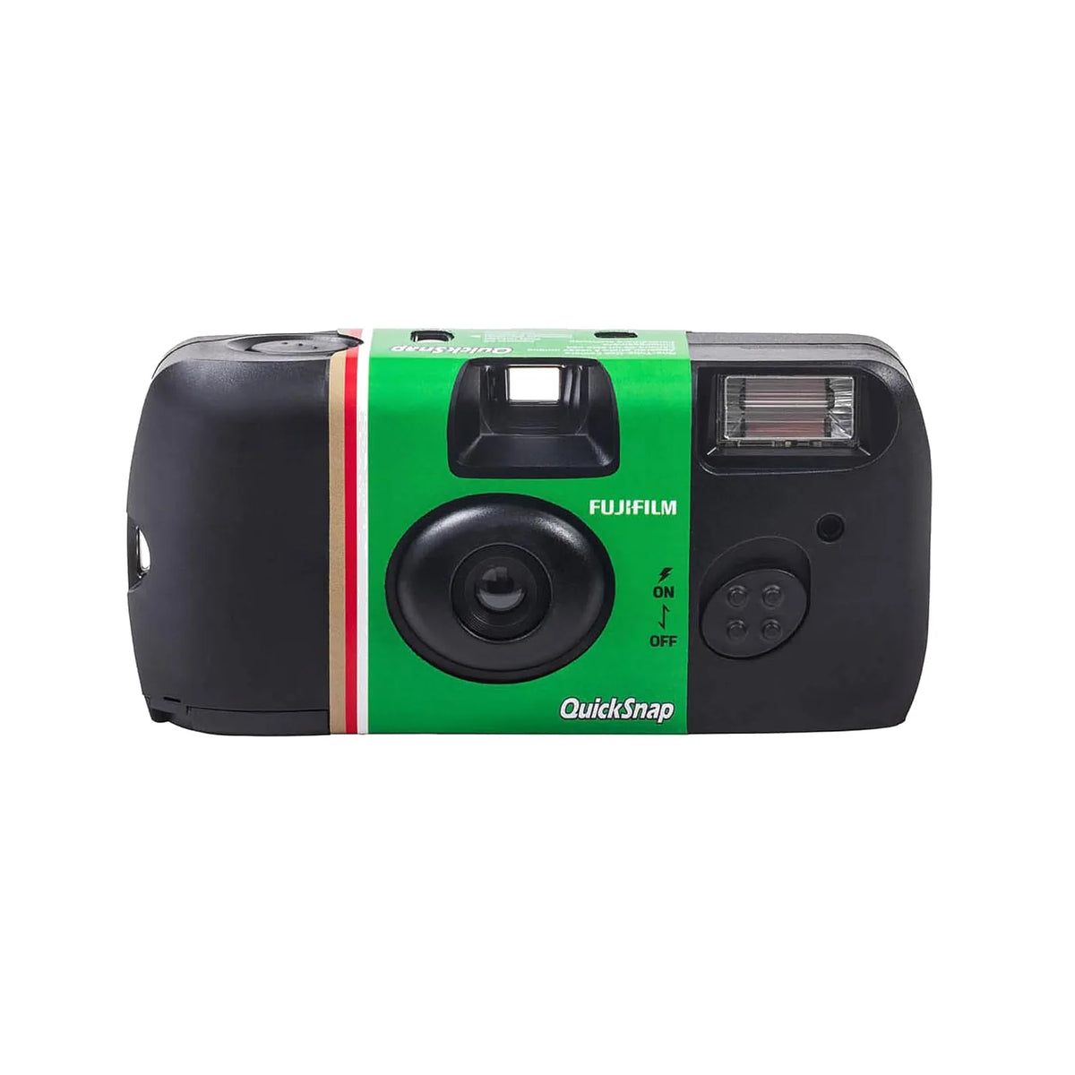 Black disposable camera with green stripe, lens, flash window, and QuickSnap logo
