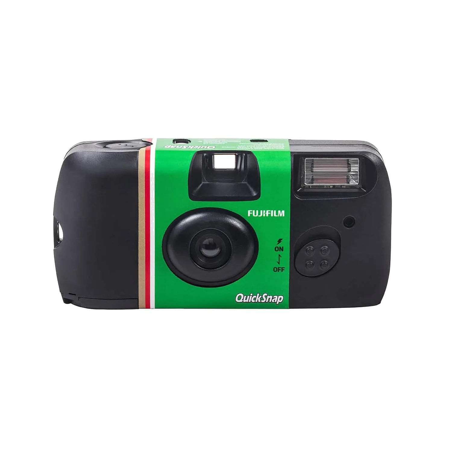 Black disposable camera with green stripe, lens, flash window, and QuickSnap logo