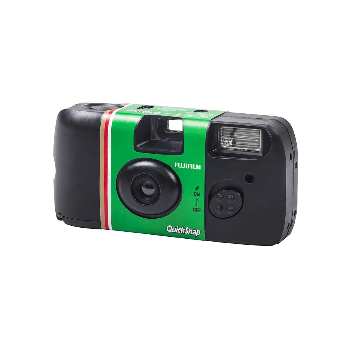 Black one-time-use camera with green stripe, front lens, flash window, and control dial