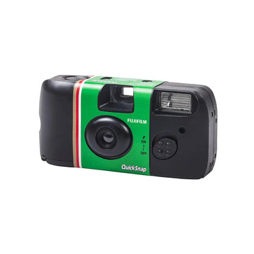 Black one-time-use camera with green stripe, front lens, flash window, and control dial