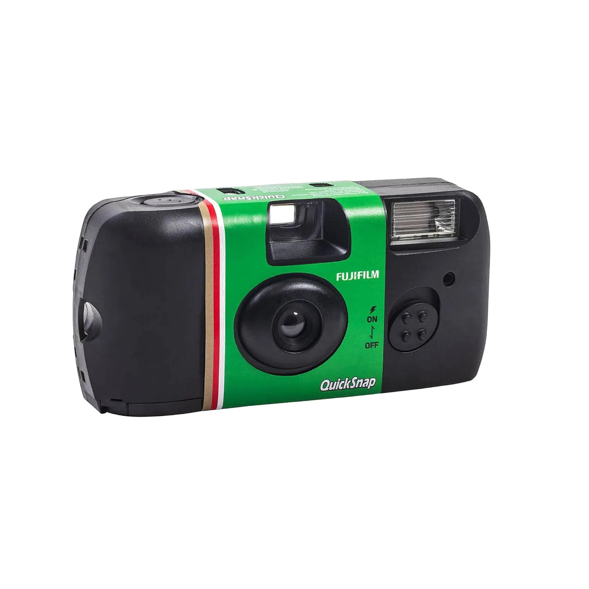 Black disposable camera with green stripe, lens and top flash window, QuickSnap branding