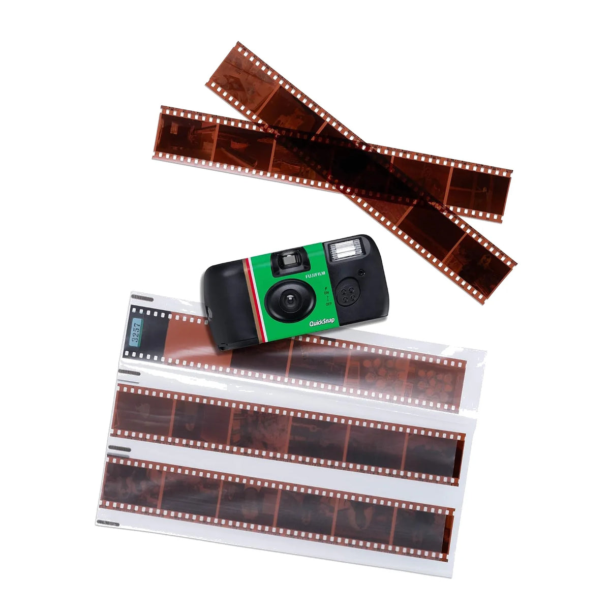 Disposable camera with photo film strips and translucent photo print sheets