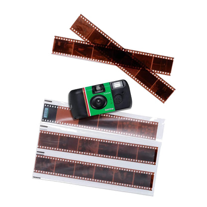 Disposable camera with photo film strips and translucent photo print sheets