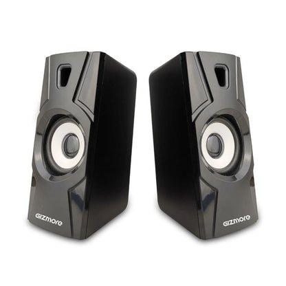 10W dual USB PC speakers in black and gray, with front circular drivers