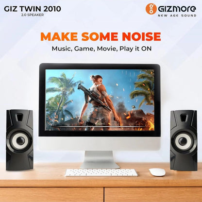 Dual PC speakers set, black and gray, front woofers and tweeter ports visible