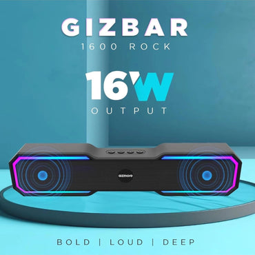 Bluetooth-Soundbar Rock mit zwei Lautsprecherbereichen und LED-Lichtleisten, schwarze Gehäuseform