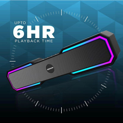 Bluetooth-Soundbar mit LED-Umrandung und silbergrauer Lautsprecherfläche, längliches Design