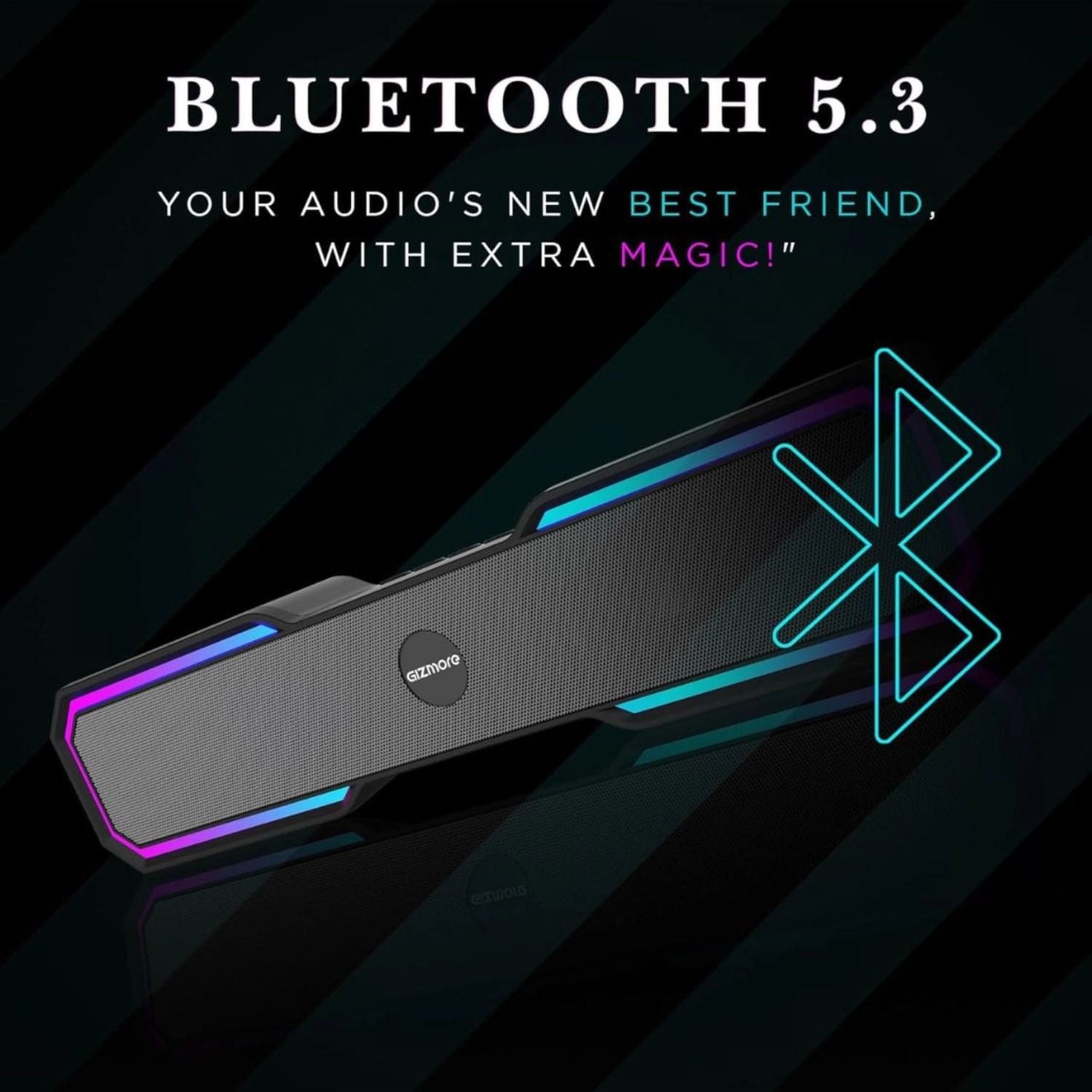 Gizmore Rock Bluetooth-Soundbar, LED-Leisten entlang der Seiten und kompakte Mittelzone