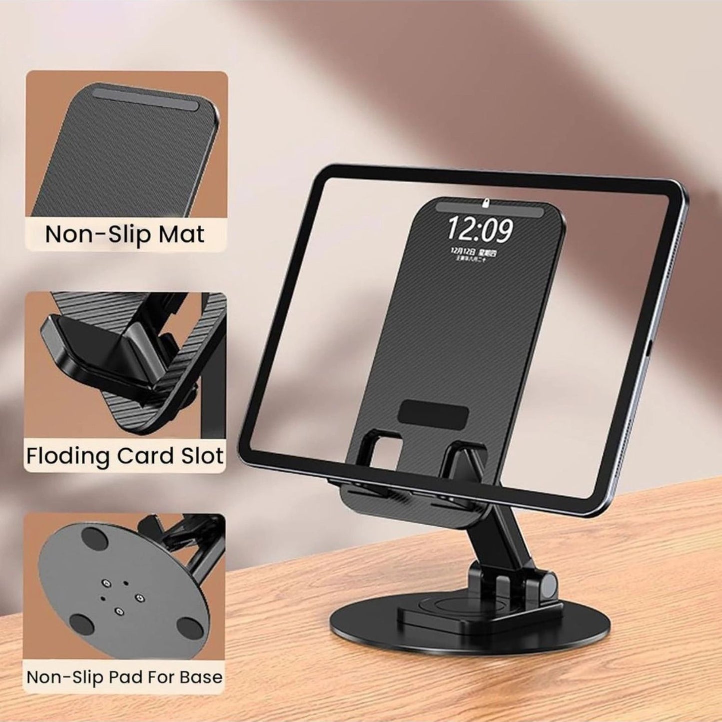 Mobile phone stand with non-slip mat and card slot cradle, black base and pole