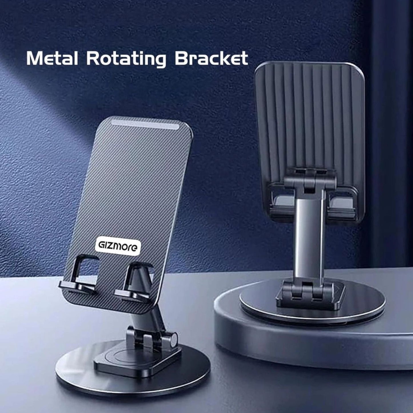 Metal rotating bracket phone stand with adjustable clamp and circular base