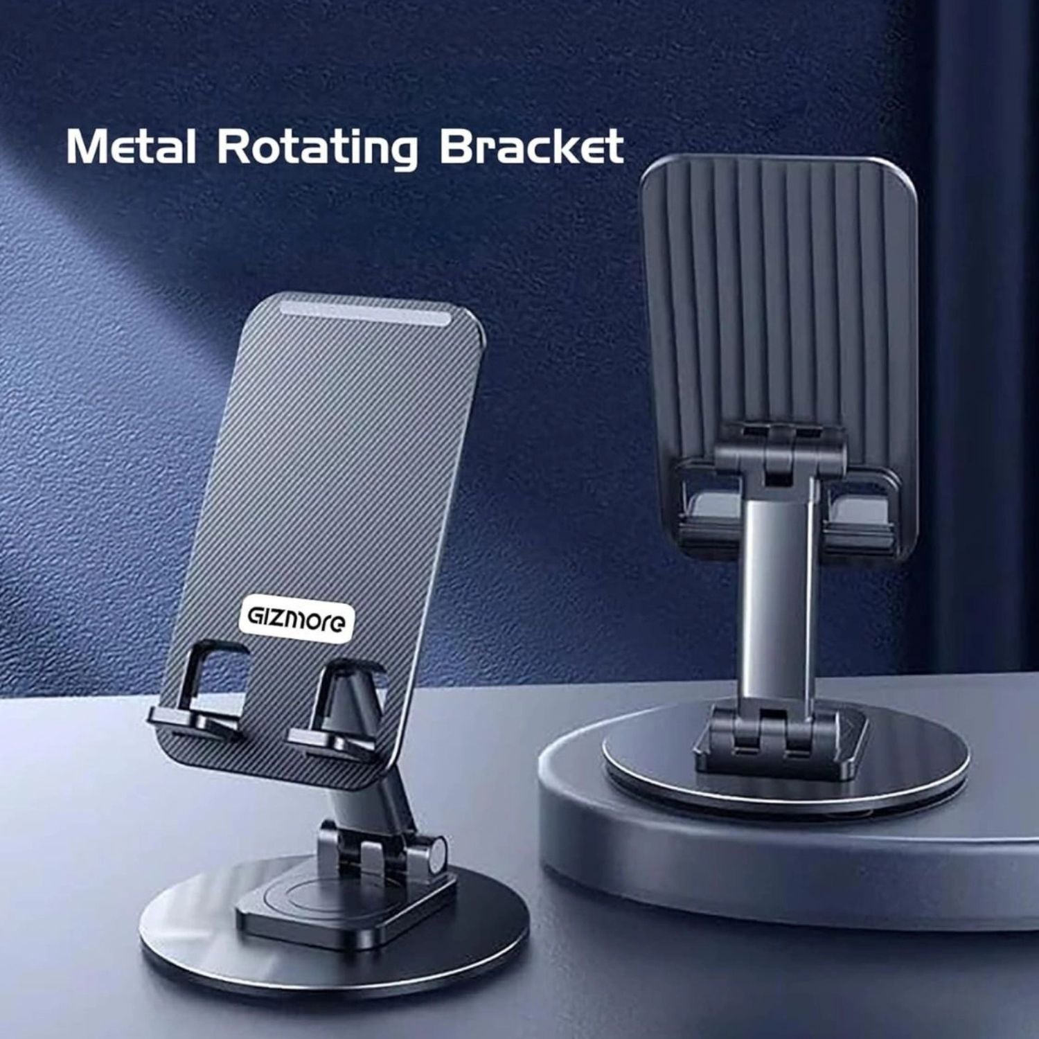 Metal rotating bracket phone stand with adjustable clamp and circular base