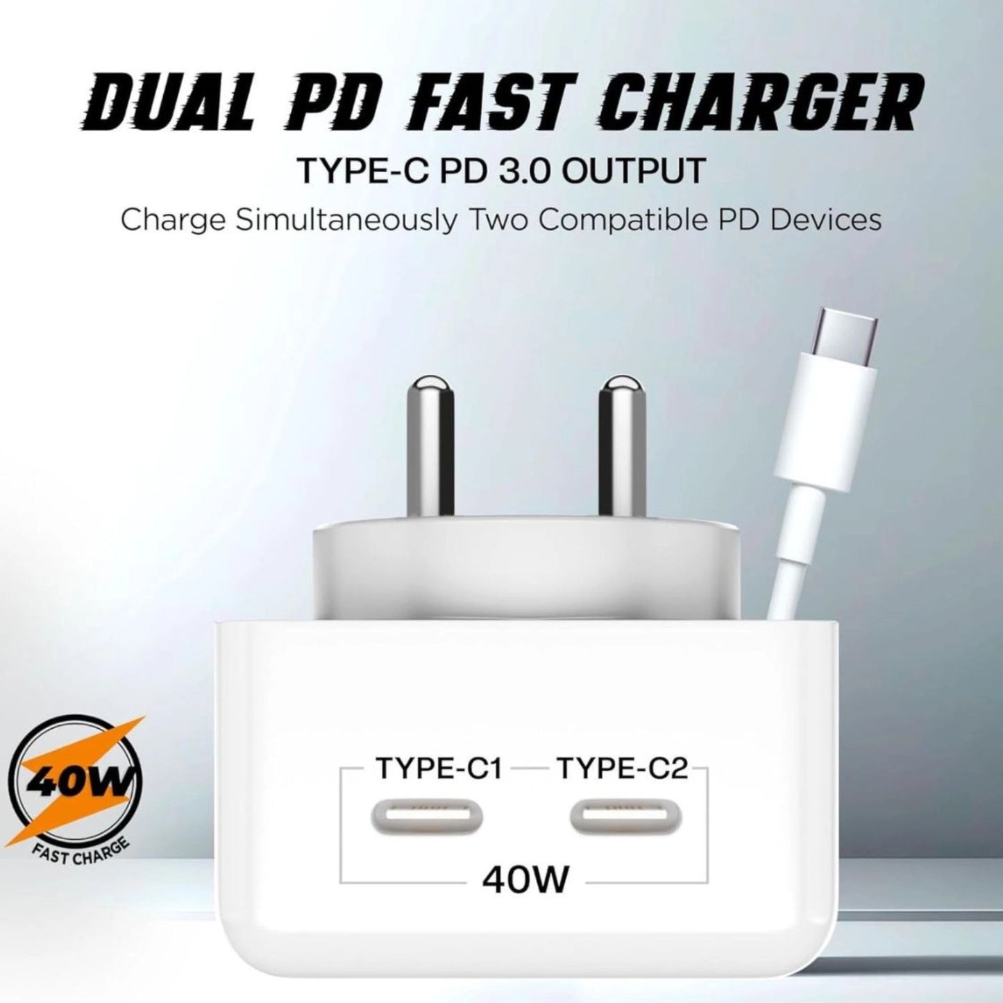 Dual PD fast charger adapter, Type-C1 and Type-C2 outputs, 40W