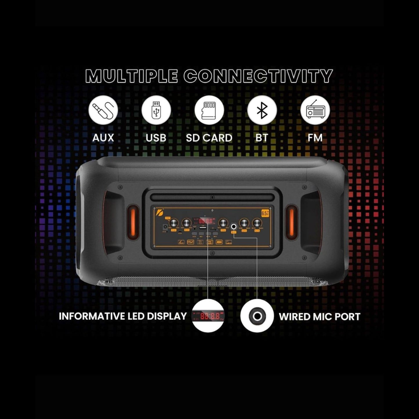 Rear panel connections: AUX, USB, SD card, Bluetooth (BT) and FM; LED display
