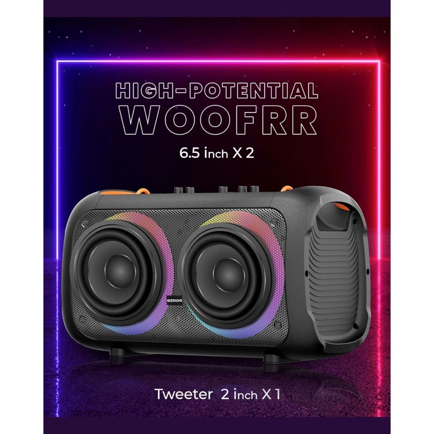 6.5-inch dual woofers with 2-inch tweeter, RGB ring lights on portable speaker