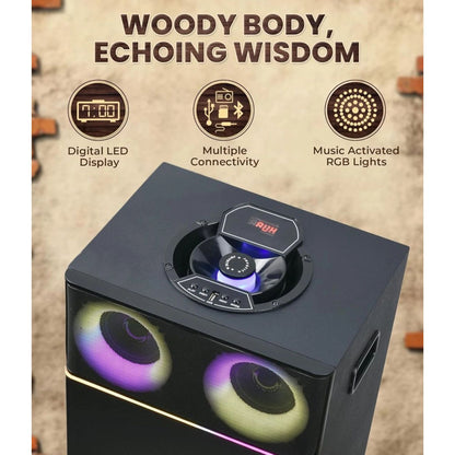 Trolley speaker with top controls, digital LED display, and dual RGB woofers