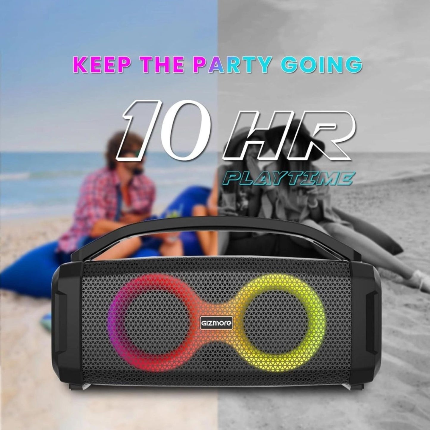 Portable party speaker with dual-color LED ring speakers and carry handle