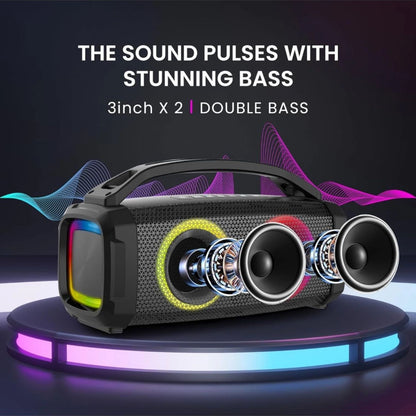 MS530 Bluetooth speaker with two woofer drivers and glowing ring lights