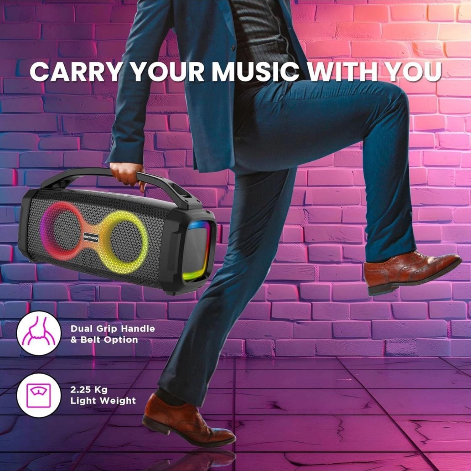 Portable speaker with dual LED rings, carrying handle and shoulder-belt option