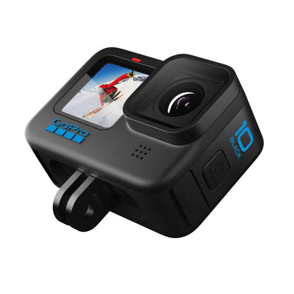 GoPro HERO10 Black action camera angled view, side logo and large lens